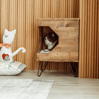Roc Wooden Cat House & Pet House.Solid Wood Pine Cat House, Wooden Pet House, Mid Century Modern Cat Bed, Wood Dog House, Pet House