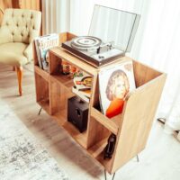 Munin Retro Record Player Stand with Vinyl Storage.Rustic Record Player Stand, Cabinet with Vinyl Storage