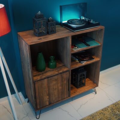 Odisseus Record Player Stand With Storage.Solid Wood Vinyl Record Player Stand With Storage & Floating Turntable Stand